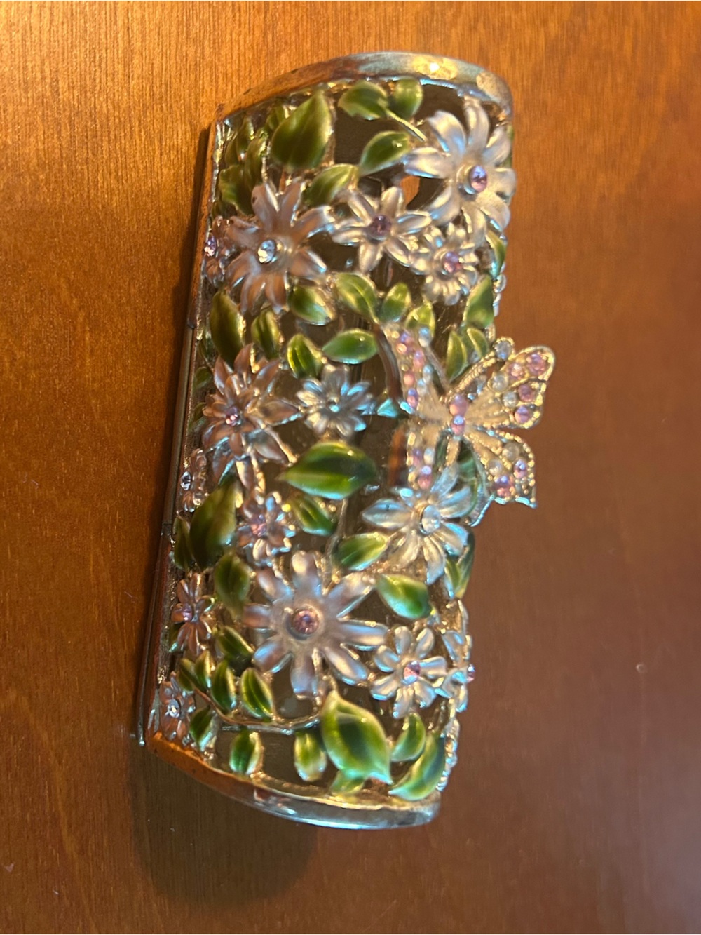 Vintage Jeweled Lipstick Case Holder Floral Enamel Rhinestone Mirror